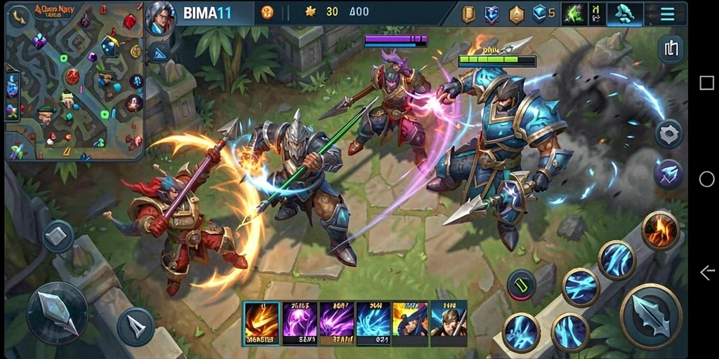 Gameplay BIMA11 yang penuh aksi dan strategi MOBA.