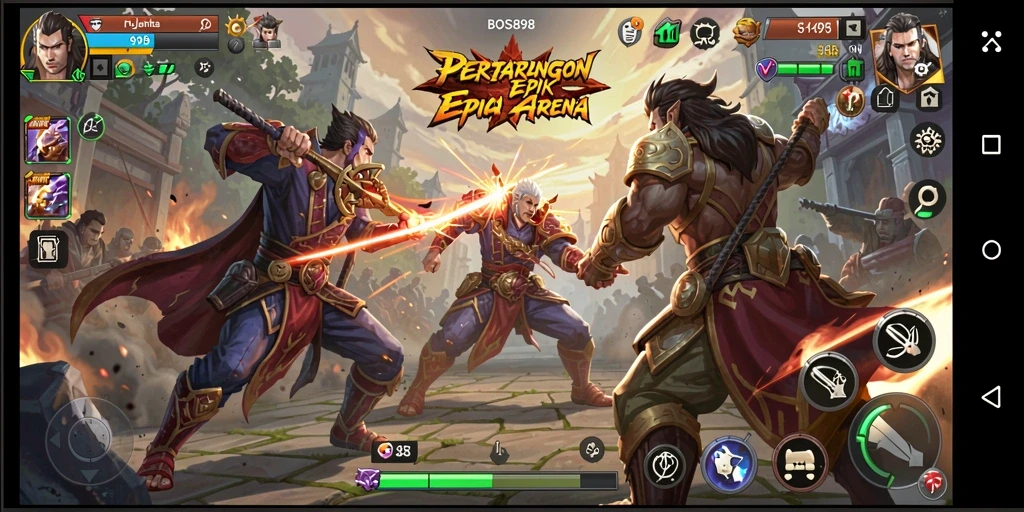 Tampilan penuh aksi saat karakter bertarung di arena.