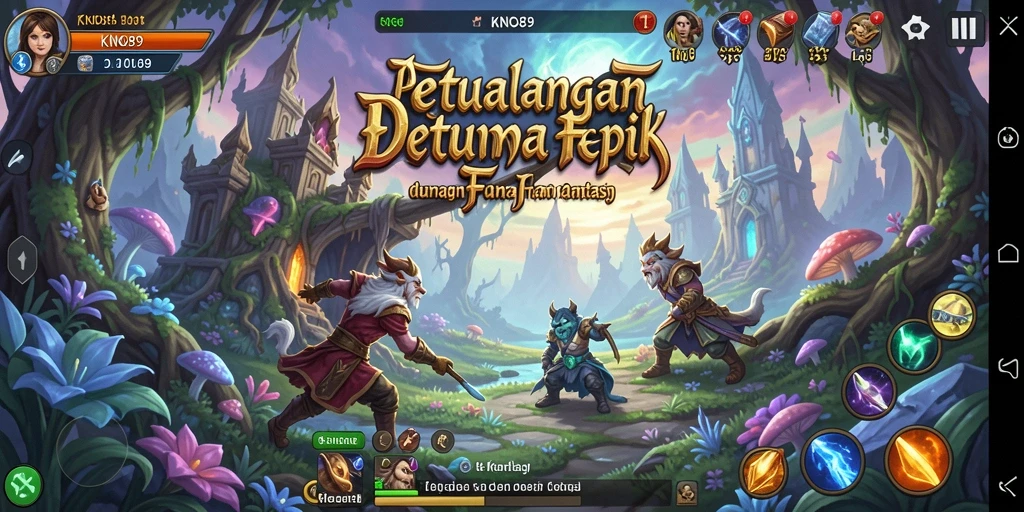 Screenshot utama KNO89 menampilkan aksi pertarungan seru dalam dunia fantasi.