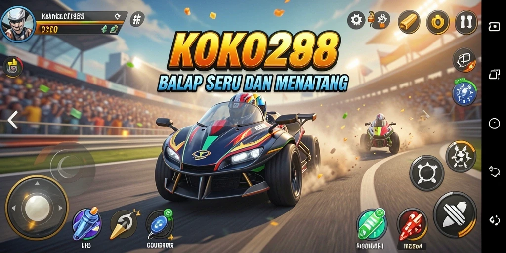 Screenshot gameplay KOKO288 menampilkan balapan seru dengan mobil yang cepat.