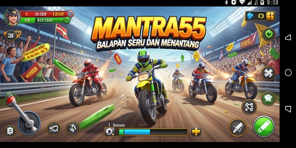 Screenshot gameplay MANTRA55 menampilkan mobil balap melaju kencang di trek yang indah.