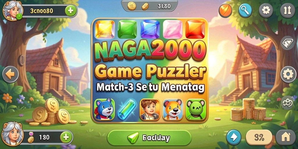 Tampilan gameplay NAGA2000 dengan berbagai permata berwarna-warni.