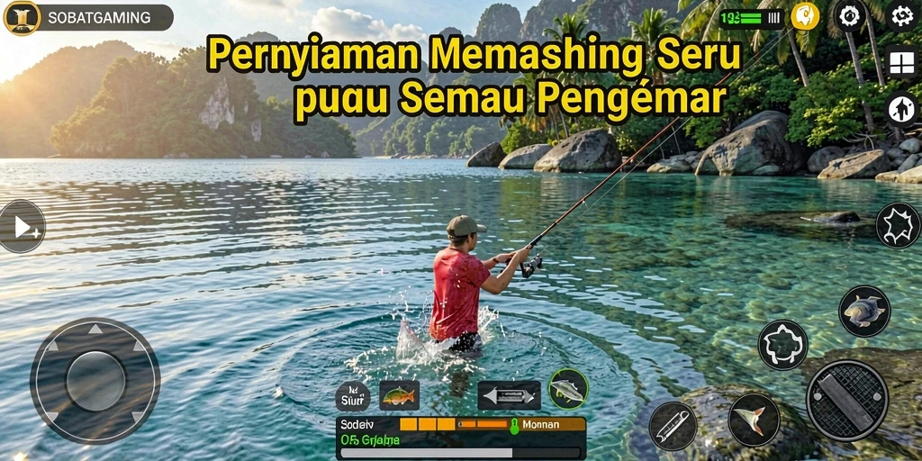 Screenshot menunjukkan pemain menangkap ikan di danau yang indah.