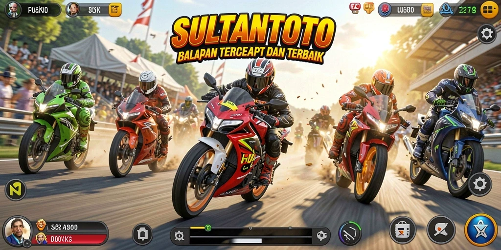 Screenshot gameplay SULTANTOTO menunjukkan aksi balapan motor yang seru.