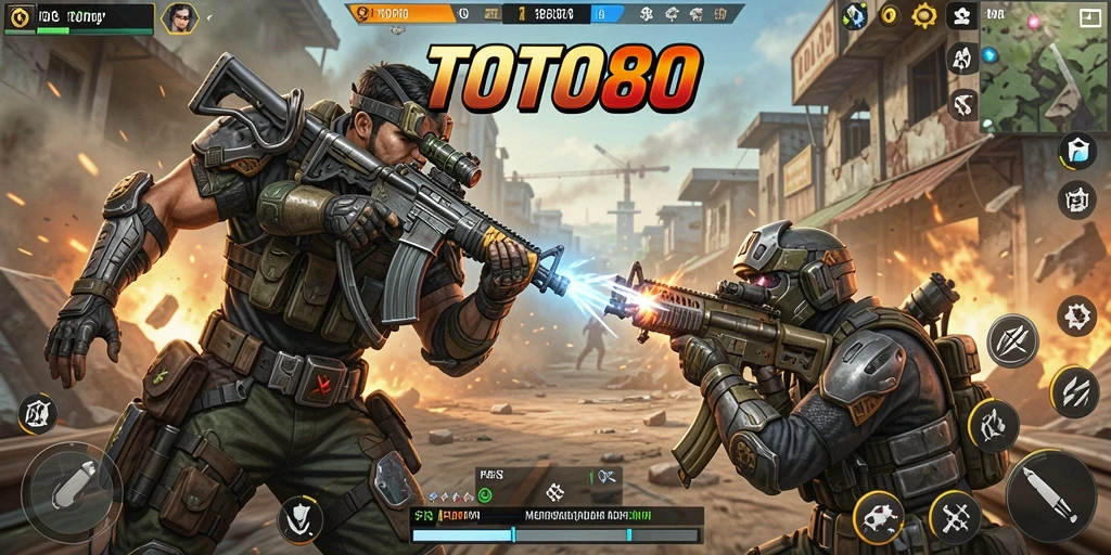 Screenshot gameplay TOTO80 menunjukkan aksi tembak-menembak yang intens.